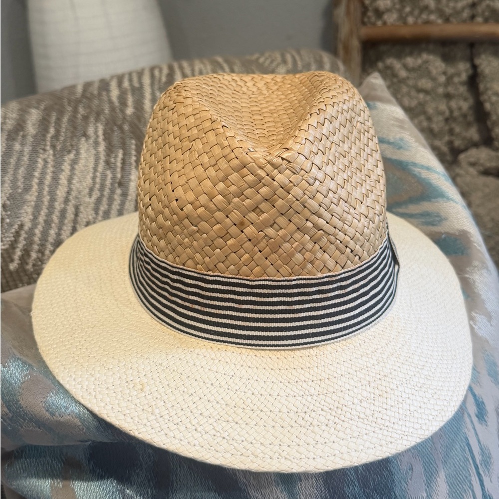 Zara Straw Fedora Hat with Navy-White Band - M